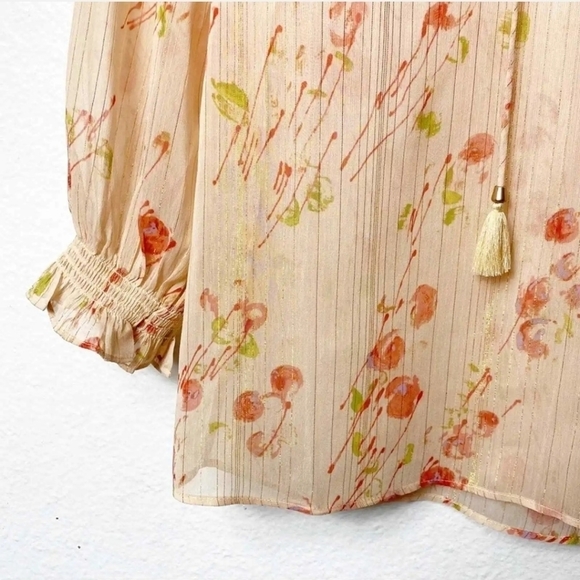 PAIGE Floral Sheer Blouse in Peach and Green with metallic gold threads - Picture 4 of 6
